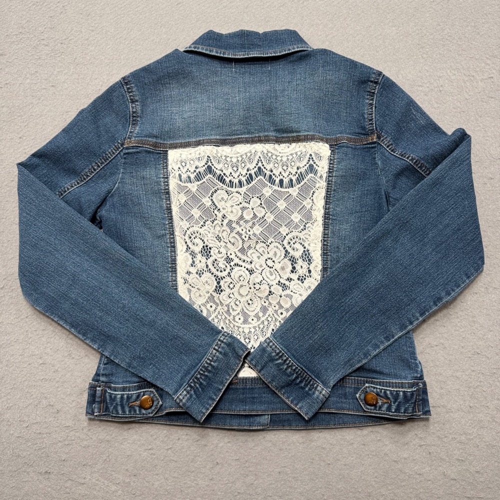 Starr Studios Jacket Women's Small Blue Denim Lace Back Panel Stretch Trucker - Picture 2 of 6